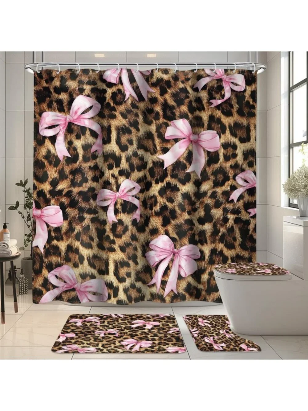 Leopard Print Bow Shower Curtain Set with Toilet Lid Cover & Non-Slip Rugs